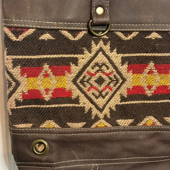 Myra Bag Brick Brown Leather Red Tan Embroidered Cotton Canvas Tote - Picture 3 of 11